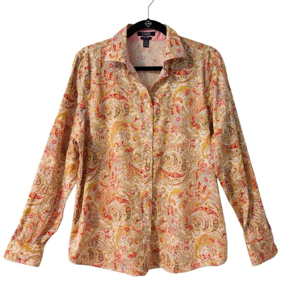 Chaps No-Iron XL button front paisley print shirt blouse contrast trim